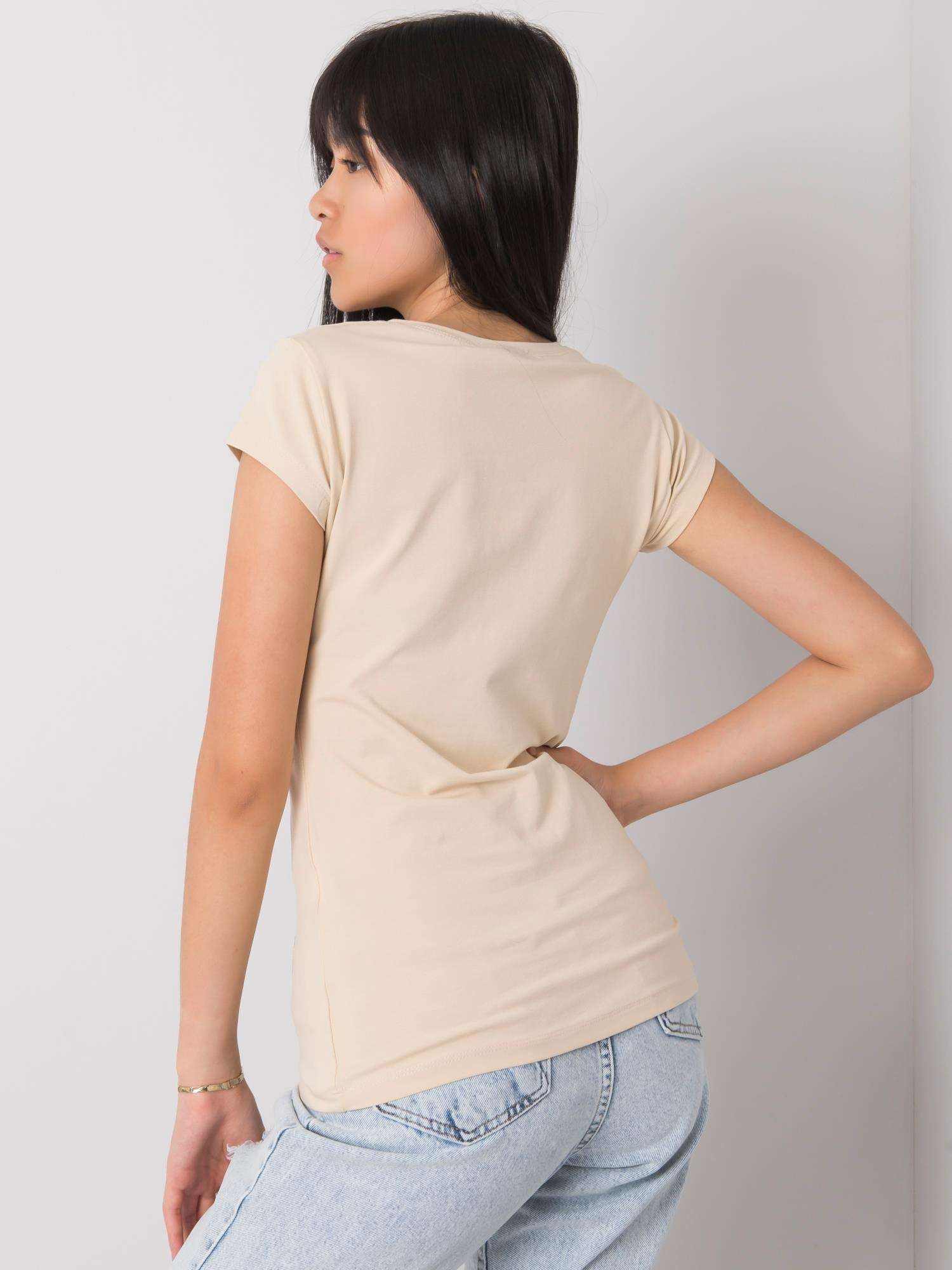 Beżowy t-shirt damski z aplikacją