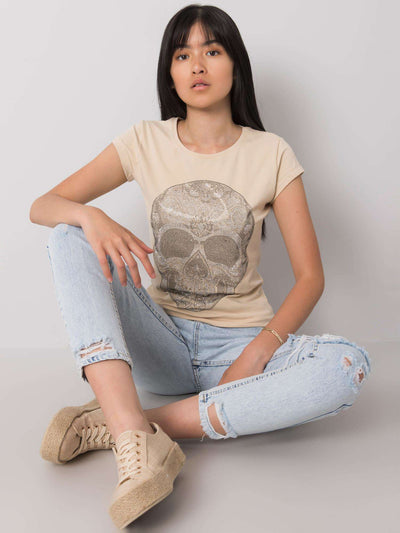 Beżowy t-shirt damski z czaszką