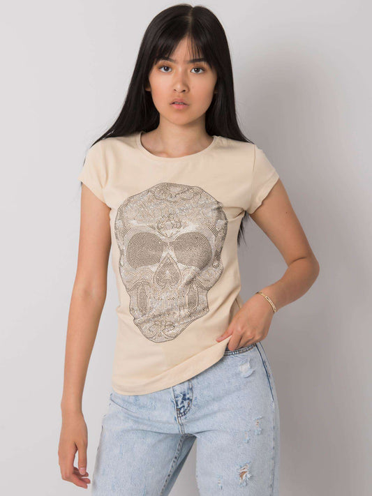 Beżowy t-shirt damski z czaszką