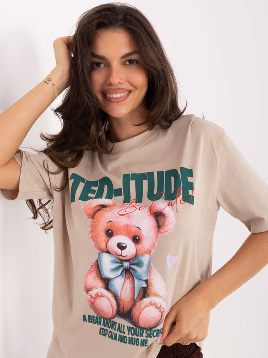 FRESH MADE Beżowy damski t-shirt z napisami