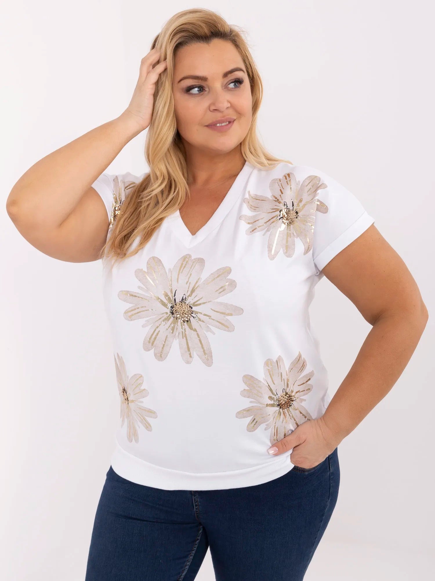 Biała damska bluzka plus size z cekinami