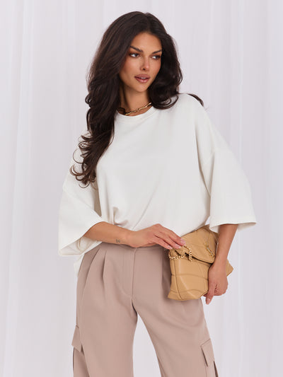 RUE PARIS Biała bluzka basic z krótkim rękawem