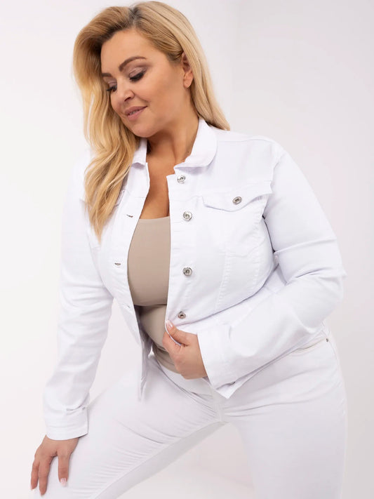 Biała jeansowa kurtka plus size z kołnierzykiem