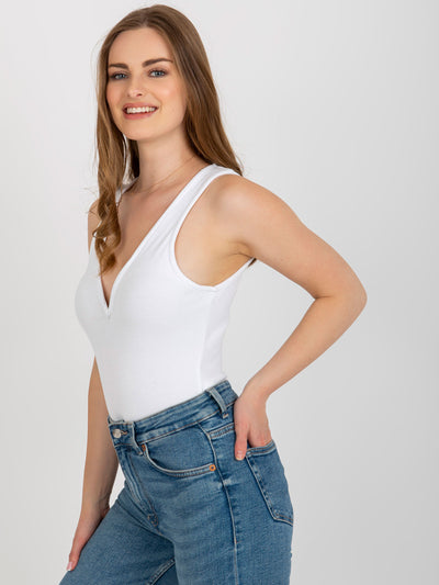Białe prążkowane body basic z dekoltem V