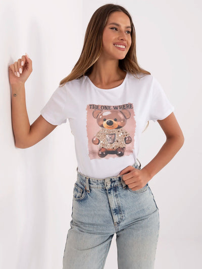 Biało-beżowy damski t-shirt z kokardą na plecach