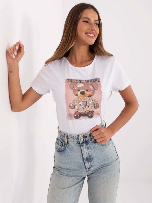 Biało-beżowy damski t-shirt z kokardą na plecach