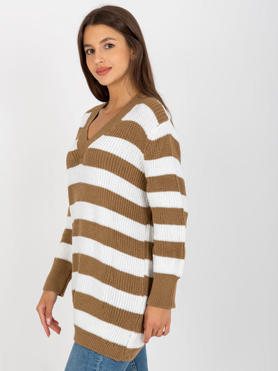 Biało-beżowy sweter oversize w paski RUE PARIS