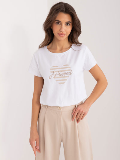 BASIC FEEL GOOD Biało-beżowy t-shirt damski z napisem