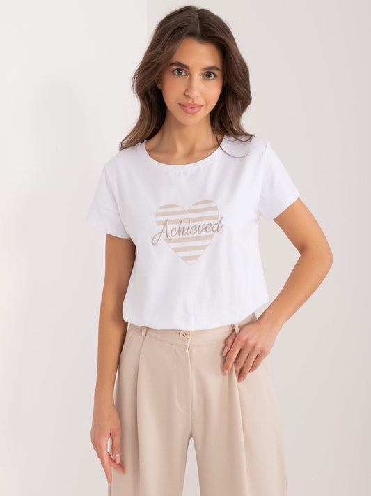 BASIC FEEL GOOD Biało-beżowy t-shirt damski z napisem