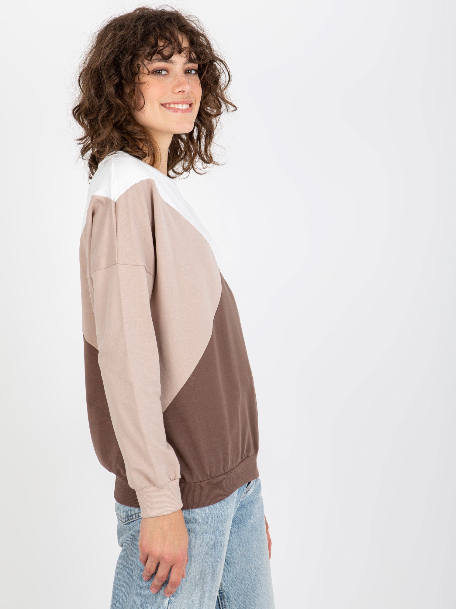 Biało-brązowa bawełniana bluza basic bez kaptura