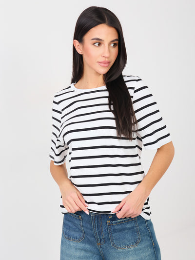 RUE PARIS Biało-czarny damski t-shirt basic z bawełny