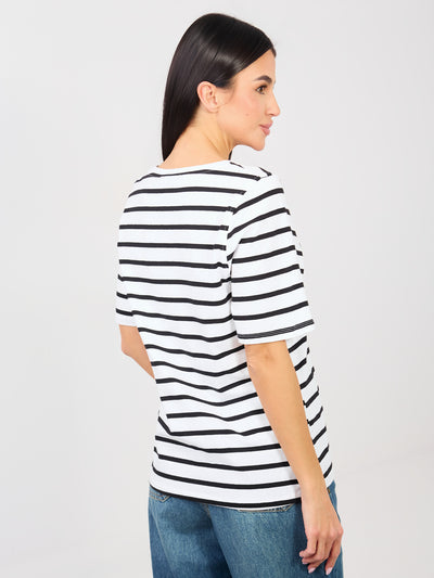 RUE PARIS Biało-czarny damski t-shirt basic z bawełny