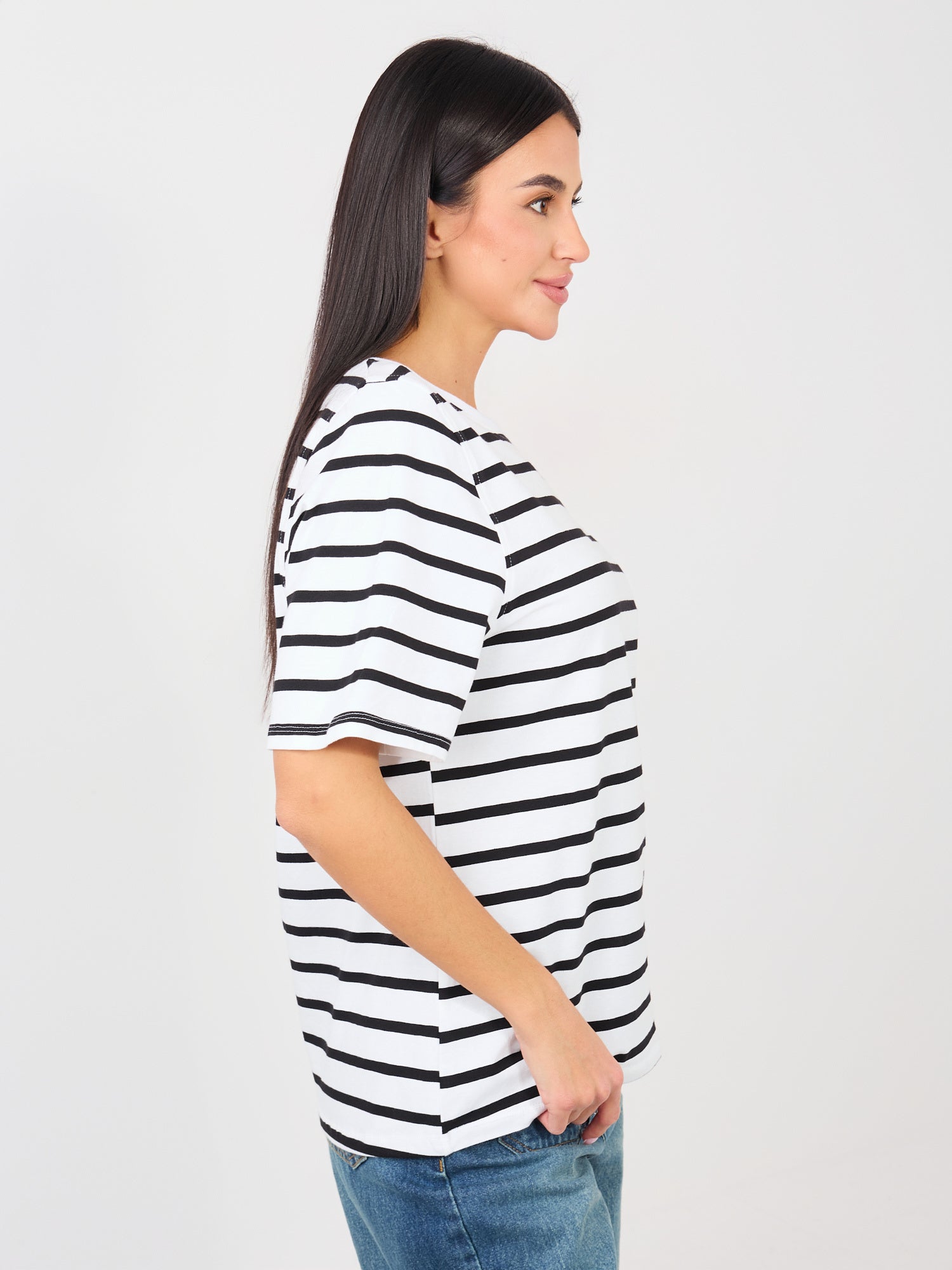 RUE PARIS Biało-czarny damski t-shirt basic z bawełny