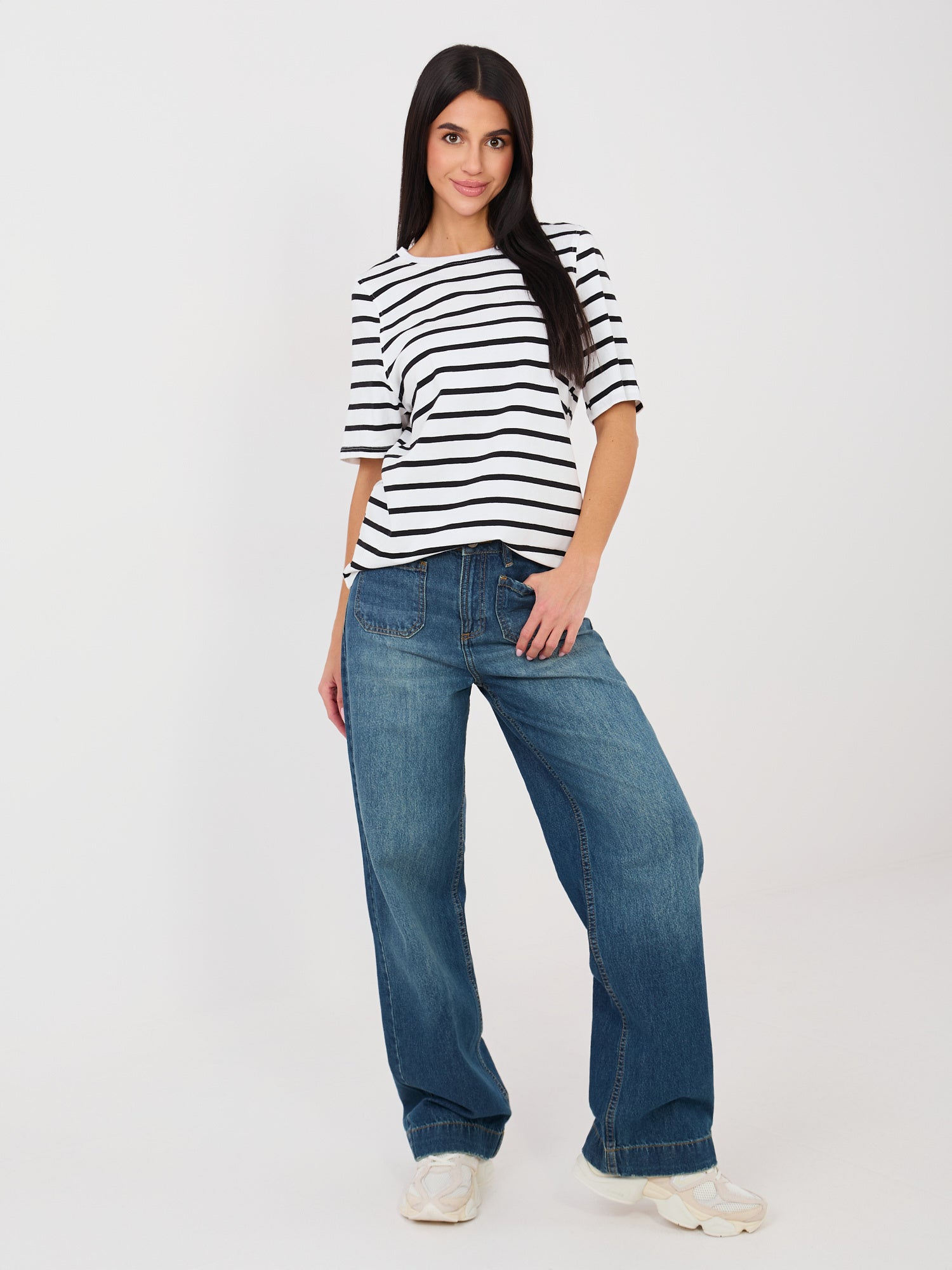 RUE PARIS Biało-czarny damski t-shirt basic z bawełny