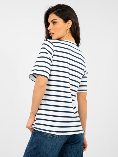 RUE PARIS  Biało-granatowy damski t-shirt basic w paski