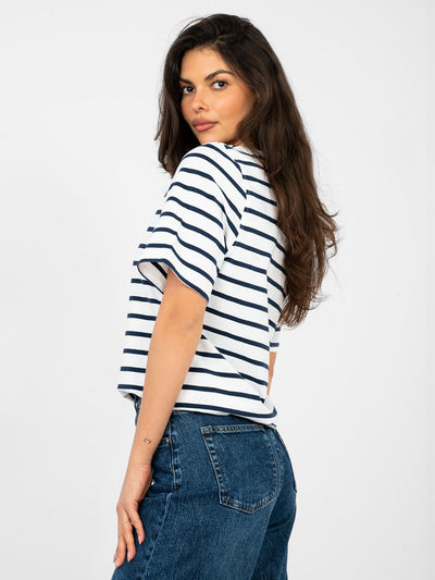 RUE PARIS  Biało-granatowy damski t-shirt basic w paski
