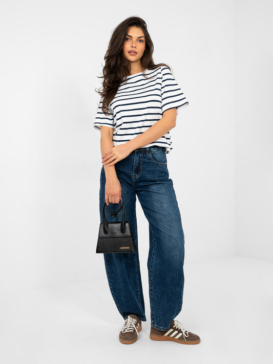 RUE PARIS  Biało-granatowy damski t-shirt basic w paski