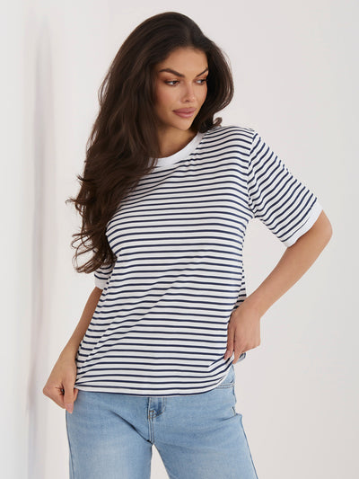 RUE PARIS Biało-granatowy damski t-shirt z bawełny
