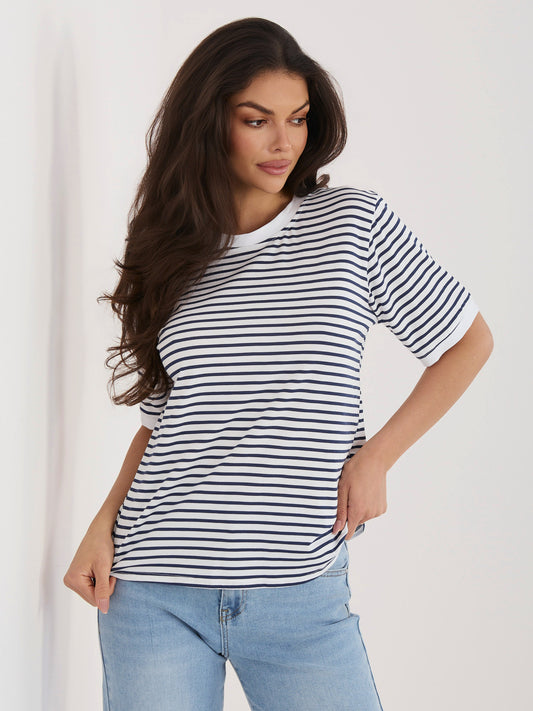 RUE PARIS Biało-granatowy damski t-shirt z bawełny