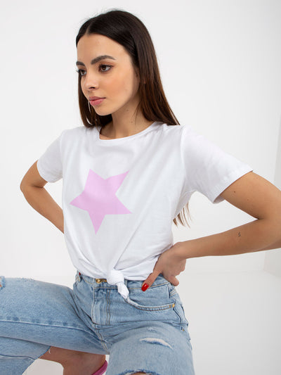 Biało-jasnofioletowy bawełniany t-shirt z nadrukiem