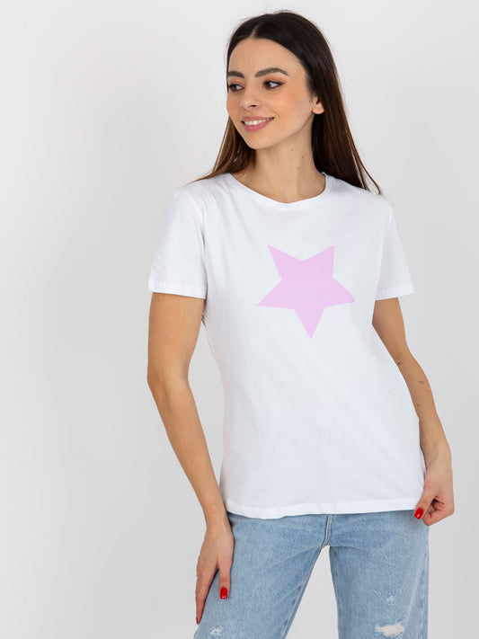 Biało-jasnofioletowy bawełniany t-shirt z nadrukiem