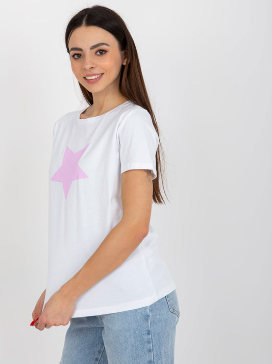 Biało-jasnofioletowy bawełniany t-shirt z nadrukiem