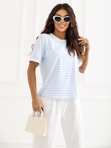 RUE PARIS Biało-jasnoniebieski damski t-shirt z bawełny