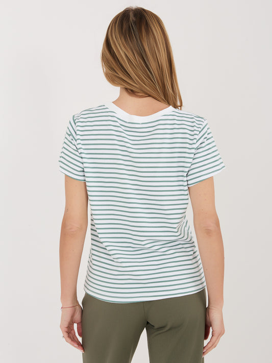 Biało-khaki damski t-shirt z bawełny
