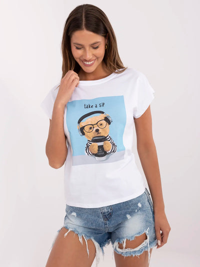 Biało-niebieski damski t-shirt z dżetami