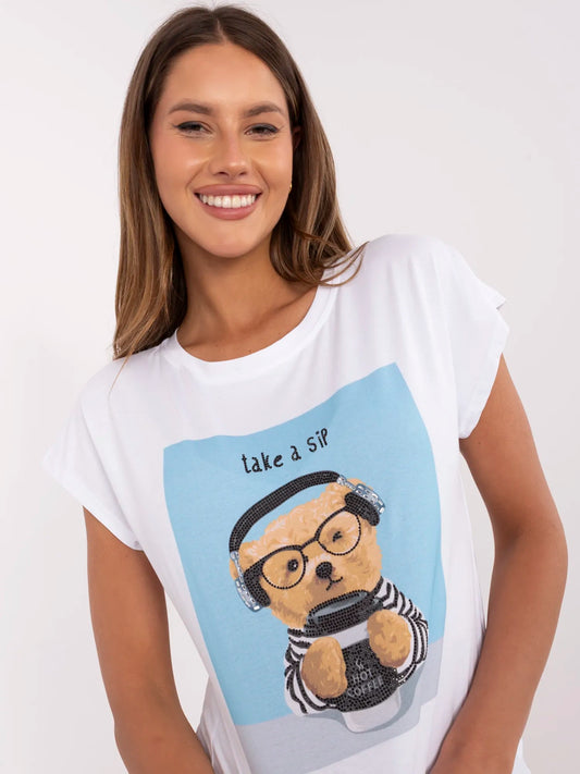 Biało-niebieski damski t-shirt z dżetami