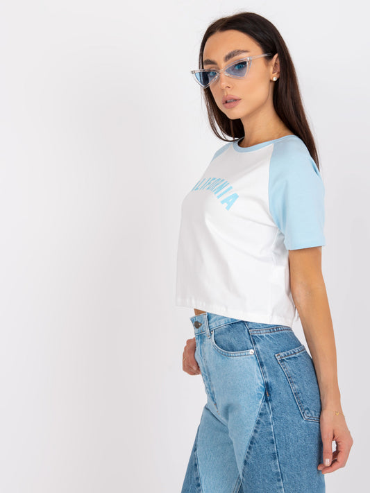 Biało-niebieski krótki t-shirt z nadrukiem bawełniany