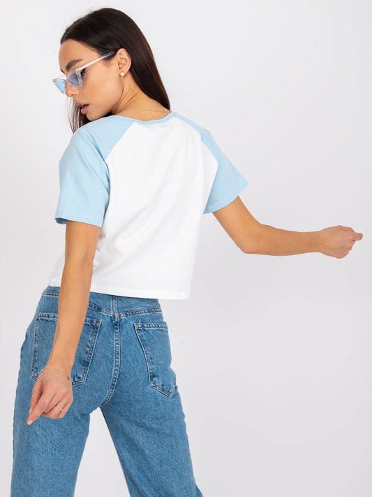 Biało-niebieski krótki t-shirt z nadrukiem bawełniany