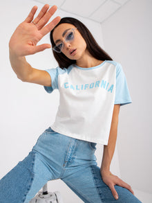 Biało-niebieski krótki t-shirt z nadrukiem bawełniany
