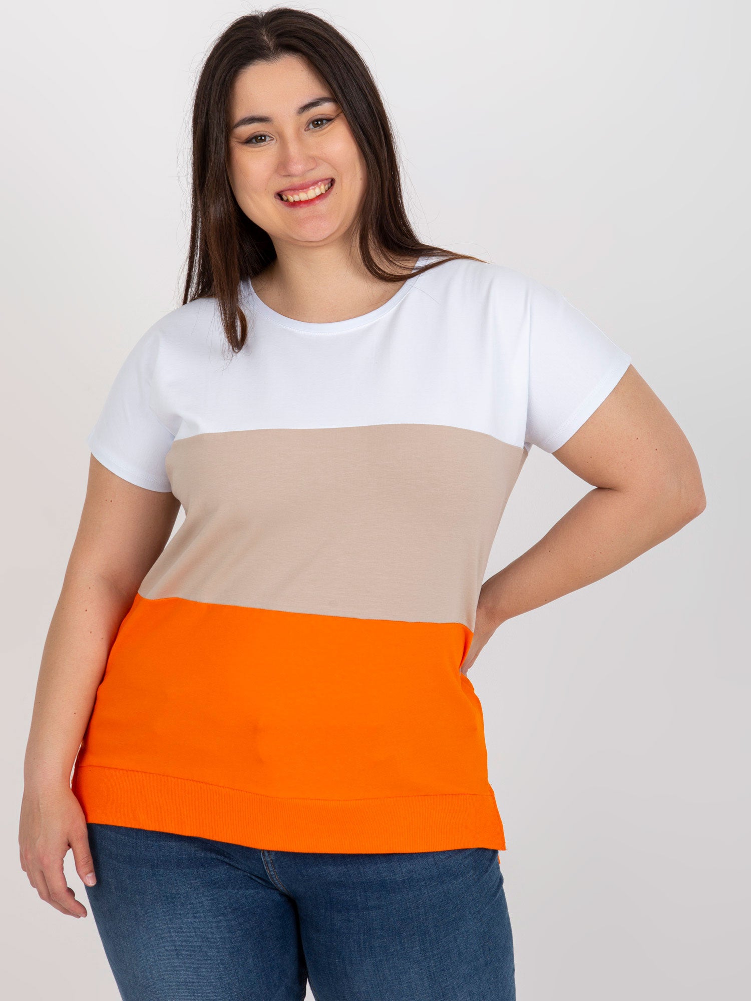 Biało-pomarańczowa bluzka plus size w paski