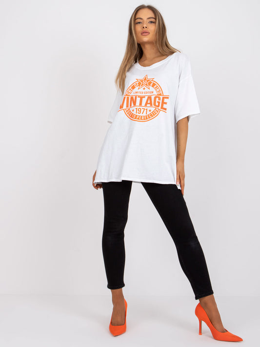 Biało-pomarańczowy luźny t-shirt z aplikacją