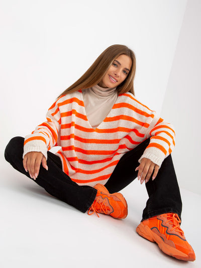 Biało-pomarańczowy sweter oversize z dekoltem V OCH BELLA