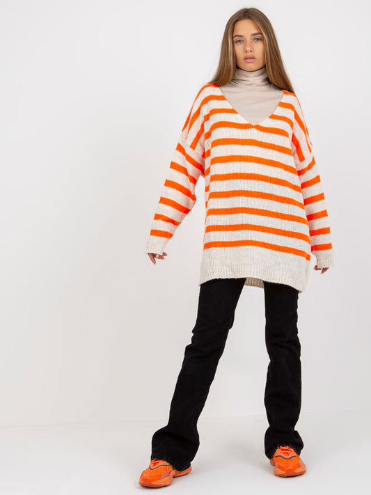 Biało-pomarańczowy sweter oversize z dekoltem V OCH BELLA