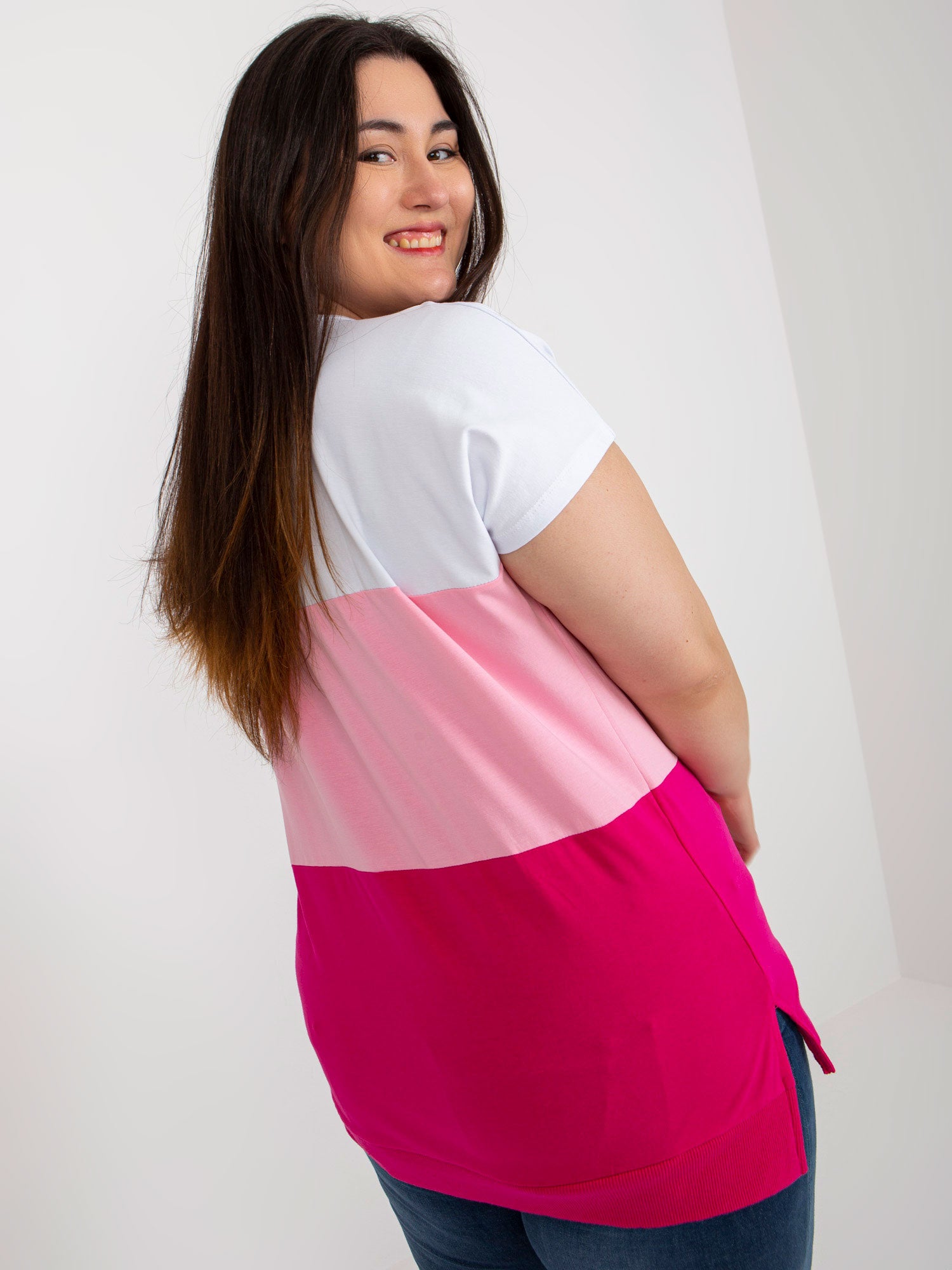 Biało-różowa damska bluzka plus size z bawełny