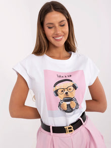 Biało-różowy damski t-shirt z dżetami