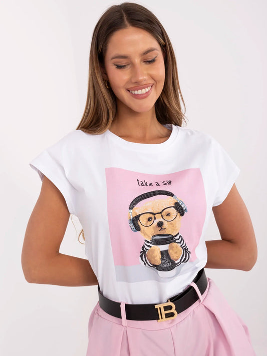 Biało-różowy damski t-shirt z dżetami