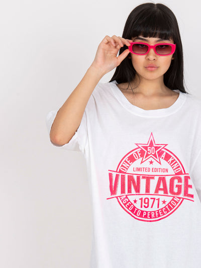 Biało-różowy t-shirt z aplikacją z bawełny