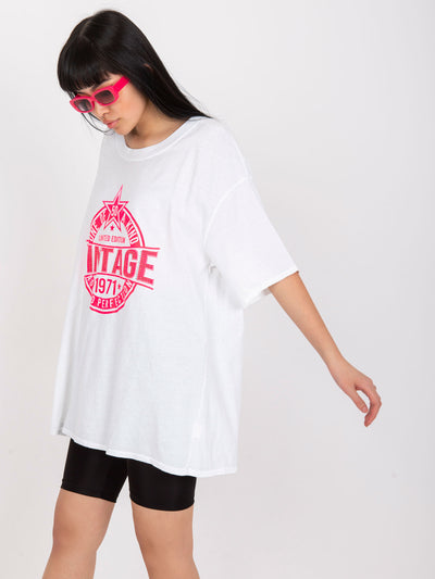 Biało-różowy t-shirt z aplikacją z bawełny