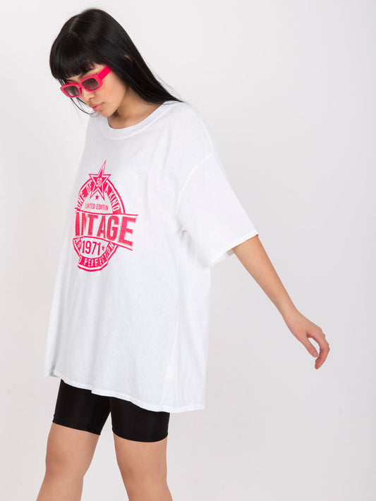 Biało-różowy t-shirt z aplikacją z bawełny