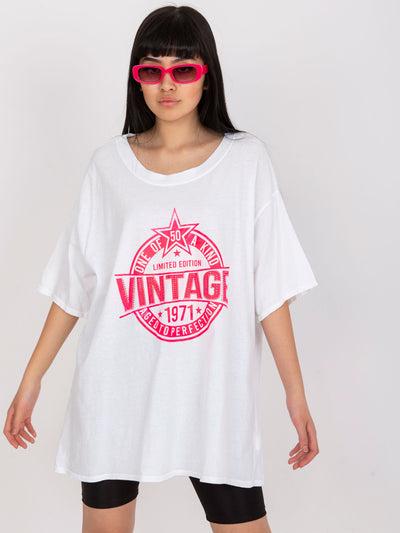 Biało-różowy t-shirt z aplikacją z bawełny