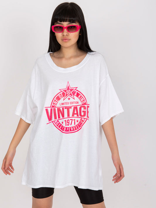 Biało-różowy t-shirt z aplikacją z bawełny