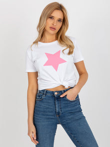 Biało-różowy damski t-shirt z nadrukiem BASIC FEEL GOOD
