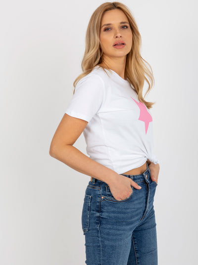 Biało-różowy damski t-shirt z nadrukiem BASIC FEEL GOOD
