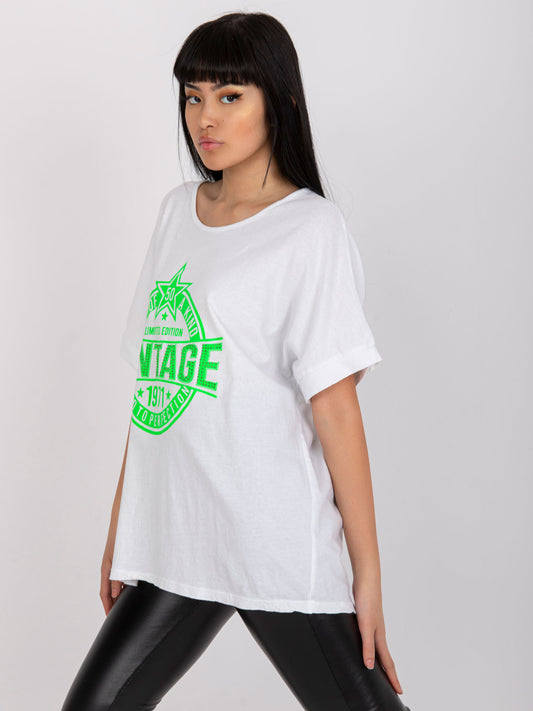 Biało-zielony luźny t-shirt z aplikacją