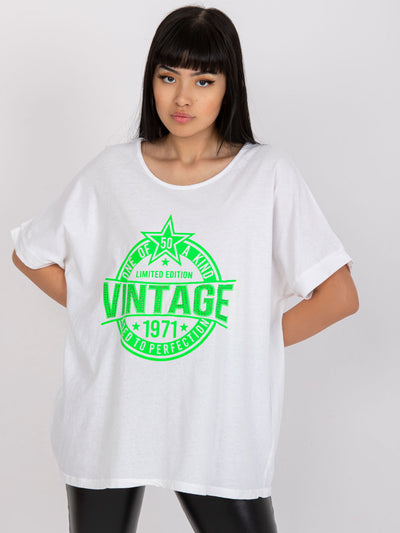 Biało-zielony luźny t-shirt z aplikacją