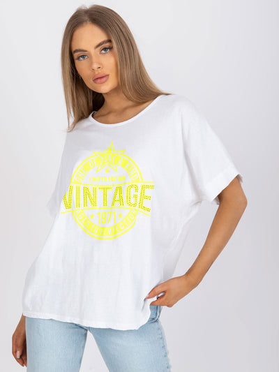 Biało-żółty damski t-shirt z aplikacją